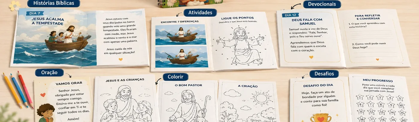 Páginas reais do material: histórias bíblicas, atividades, devocionais, oração, colorir e desafios