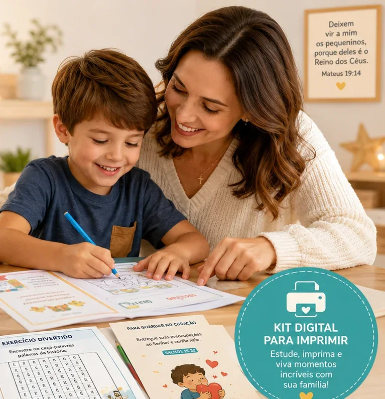 Mãe e filho fazendo juntos uma atividade do material 30 Dias com Jesus, à mesa, com páginas reais para colorir e caça-palavras